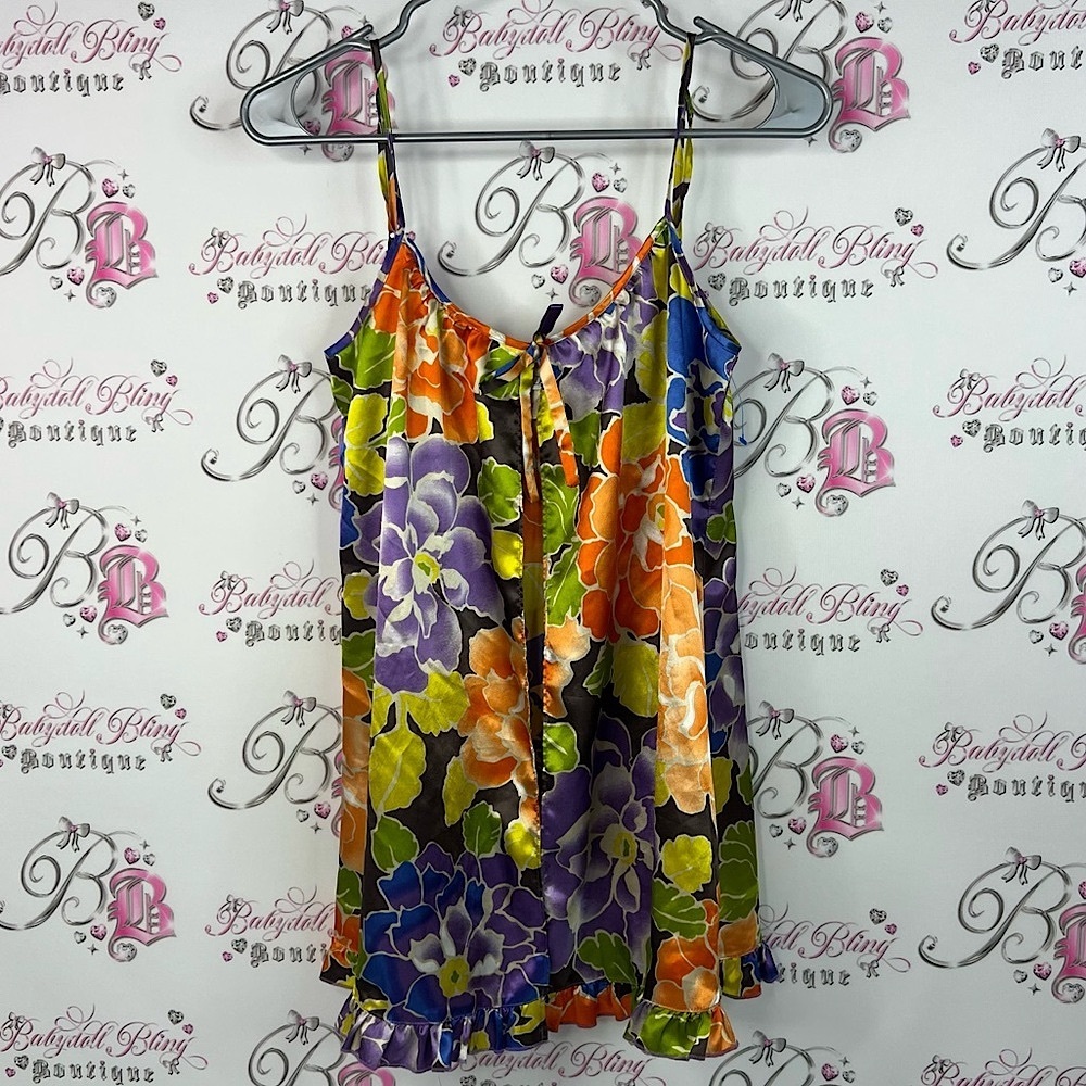 La SENZA baby doll mini dress tank Floral Camisole Purple, Orange Green ruffle